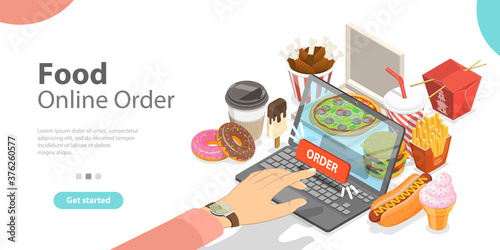 3D Isometric Flat Vector Conceptual Illustration of Restaurant and Cafe Online Food Order App, Mobile Booking, Fast Free Delivery.