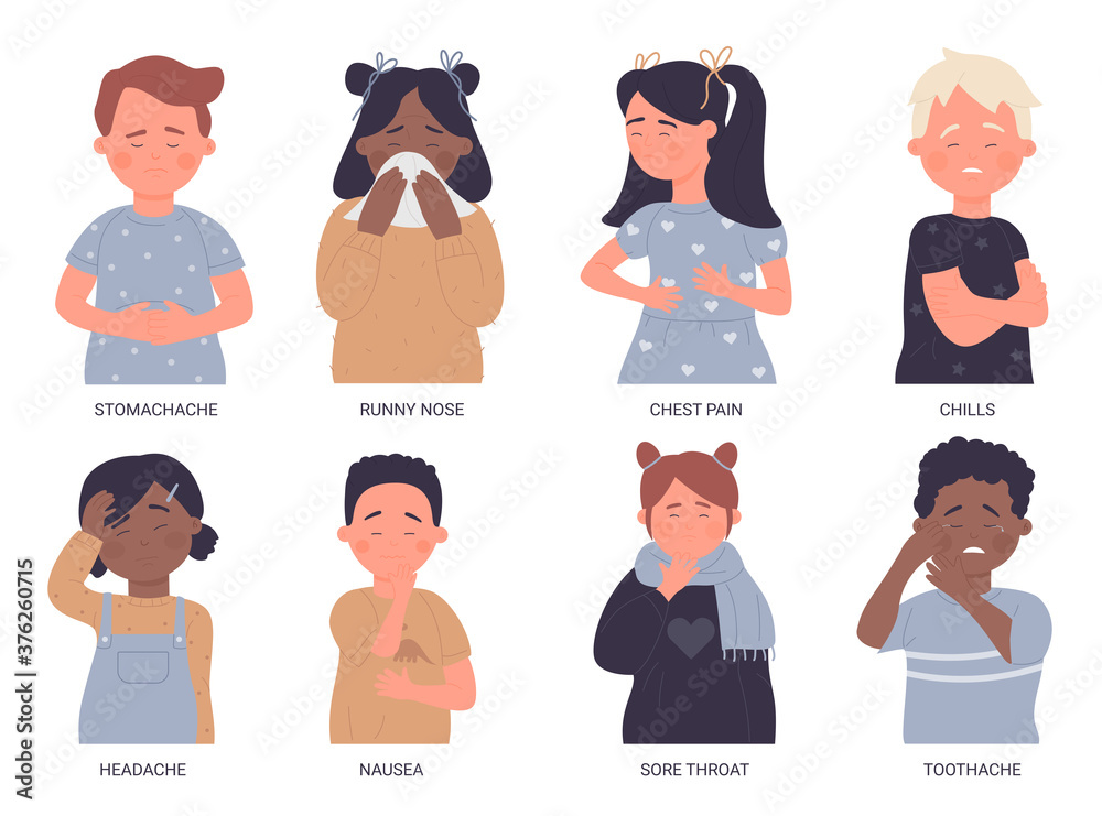 Stockvector Sick children vector illustration set. Cartoon flat kids