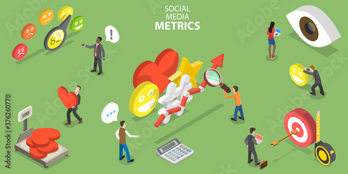 3D Isometric Flat Vector Conceptual Illustration of Social Media Metrics, SM Analytics Tools and Approaches, Digital Marketing Terms and Definitions.