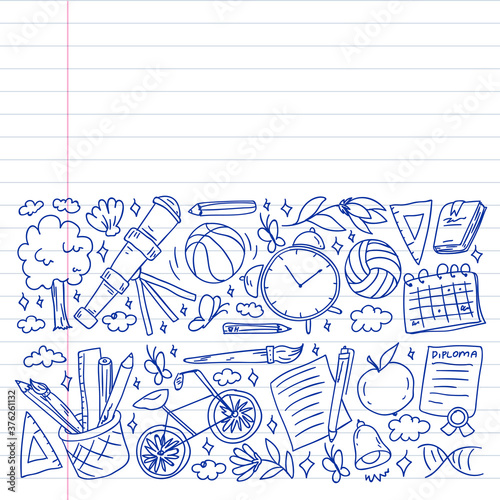 Imagination and creativity icons. School. Reading, chemistry, online education.