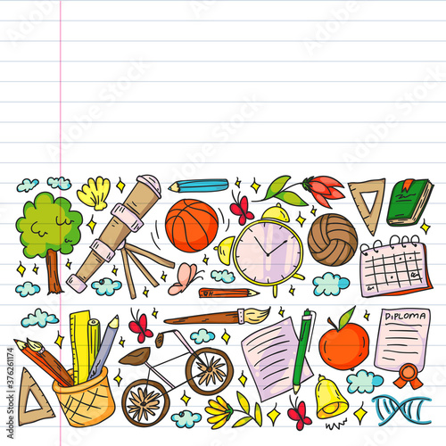 Imagination and creativity icons. School. Reading, chemistry, online education.