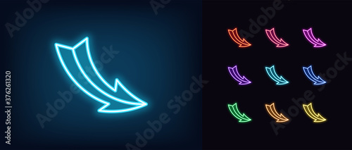 Neon arrow icon. Glowing neon pointer sign, curved arrow