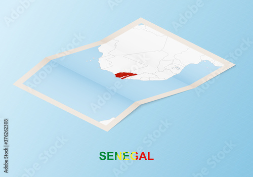 Folded paper map of Senegal with neighboring countries in isometric style.