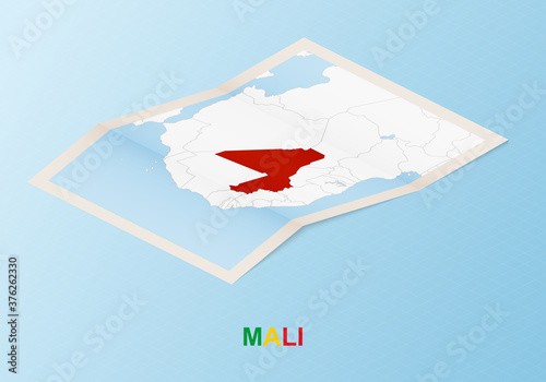 Folded paper map of Mali with neighboring countries in isometric style.