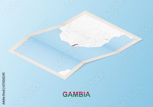 Folded paper map of Gambia with neighboring countries in isometric style.