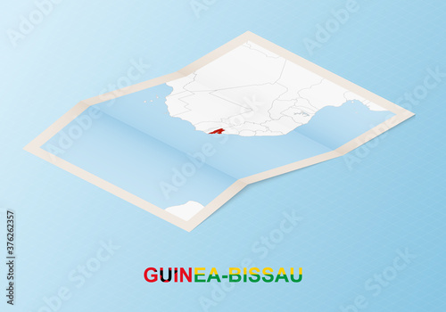 Folded paper map of Guinea-Bissau with neighboring countries in isometric style.