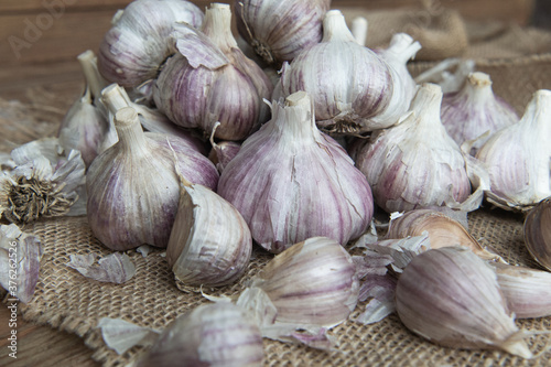 A pile of fresh garlic bulbs and cloves on the wooden background
