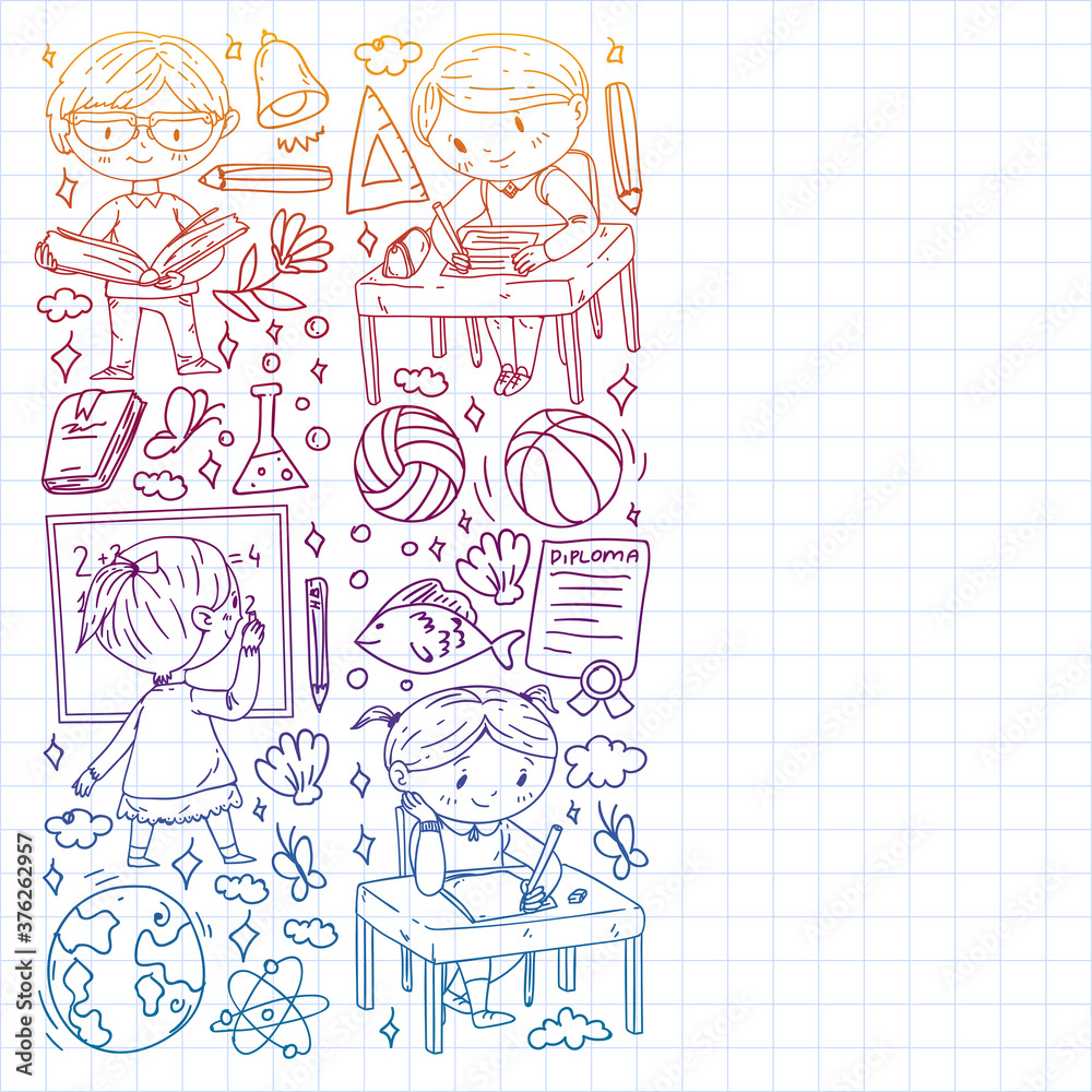 Back to school. Children online education. Chemistry and biology. Geography and physics. Creativity and imagination. E-learning icons. Back to school. Children online education. Chemistry and biology. Geography and physics. Creativity and imagination. E-learning icons.