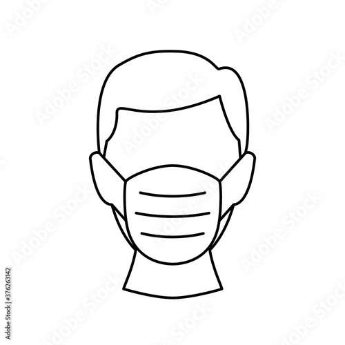 Man head in face mask line icon. Protection medical wear from virus, air pollution, flu, dust illustration isolated on white.