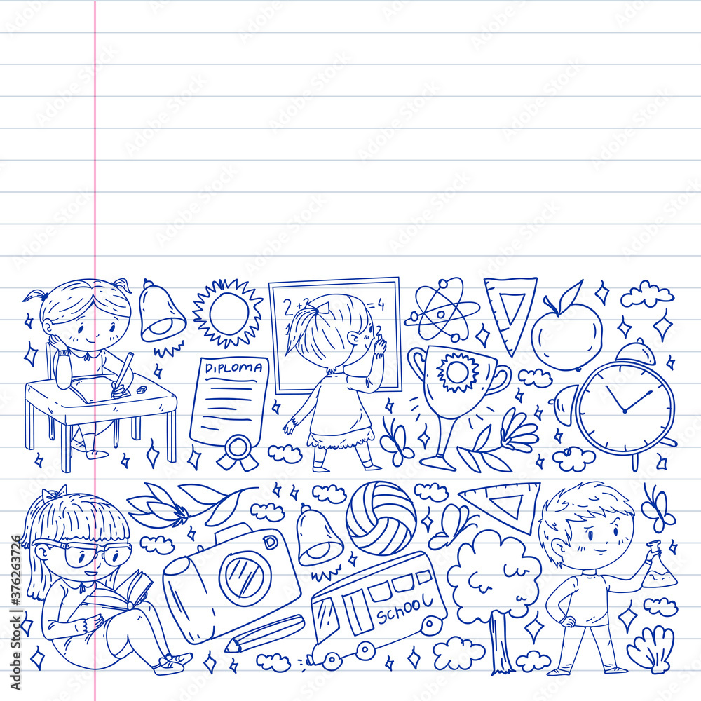 Fototapeta premium Back to school. Children online education. Chemistry and biology. Geography and physics. Creativity and imagination. E-learning icons.