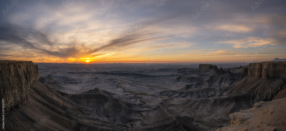 Panorama of Moonscape Overlook and Blue Valley in Utah at sunrise