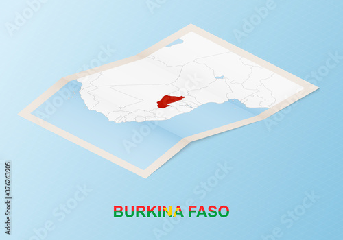 Folded paper map of Burkina Faso with neighboring countries in isometric style.