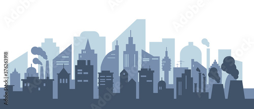 Silhouette of modern city with skyscrapers and factories