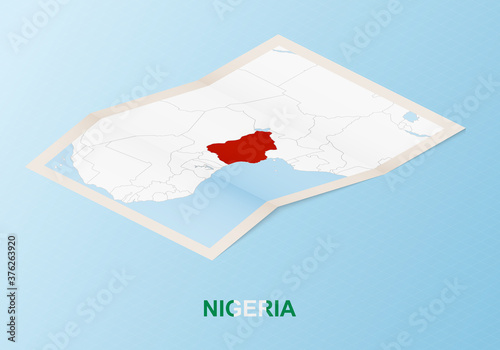 Folded paper map of Nigeria with neighboring countries in isometric style.