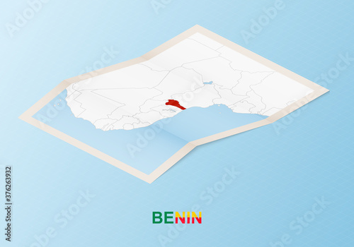 Folded paper map of Benin with neighboring countries in isometric style.