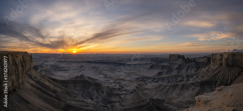 Panorama of Moonscape Overlook and Blue Valley in Utah at sunrise