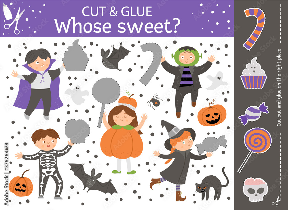 Vector Halloween cut and glue activity. Autumn educational crafting game with cute children in scary costumes and trick or treat sweets. Fun activity for kids. What’s missing in the picture?.