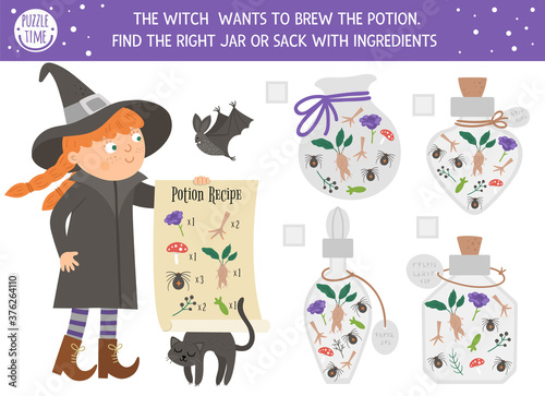 Halloween matching game with witch and potion ingredients. Autumn math activity for preschool children. Educational printable counting worksheet with cute funny elements for kids.