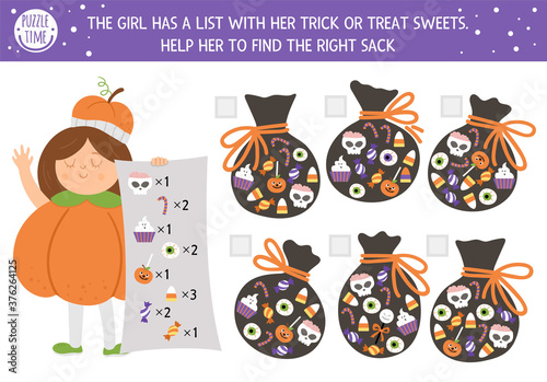 Halloween matching game with trick or treat sweets and sacks. Autumn math activity for preschool children. Educational printable counting worksheet with cute funny elements for kids.