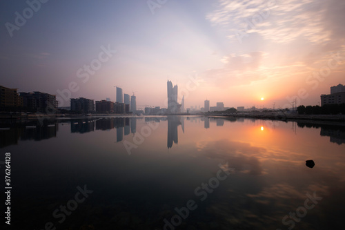Bahrain skyline with haze during sunrise