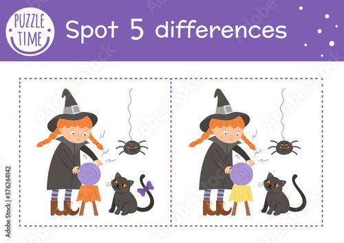 Halloween find differences game for children. Autumn educational activity with funny witch, spider and black cat. Printable worksheet with smiling character. Cute all saints day scene.