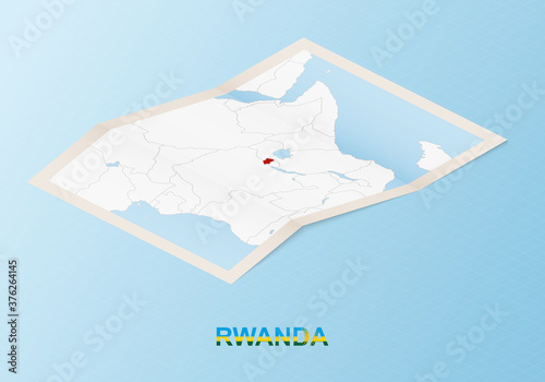 Folded paper map of Rwanda with neighboring countries in isometric style.