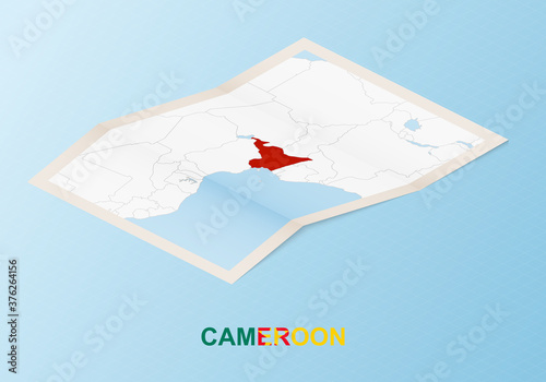 Folded paper map of Cameroon with neighboring countries in isometric style.