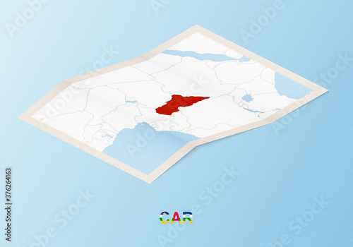 Folded paper map of Central African Republic with neighboring countries in isometric style.