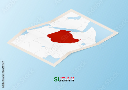 Folded paper map of Sudan with neighboring countries in isometric style.