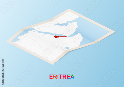 Folded paper map of Eritrea with neighboring countries in isometric style.