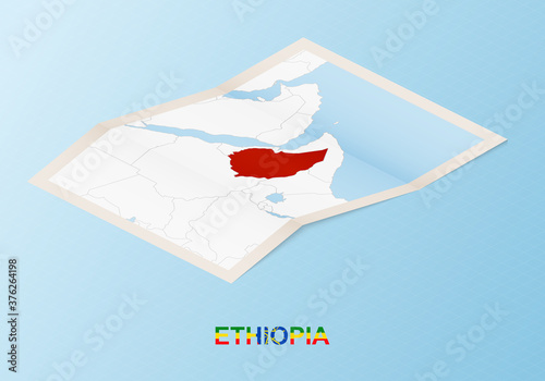 Folded paper map of Ethiopia with neighboring countries in isometric style.