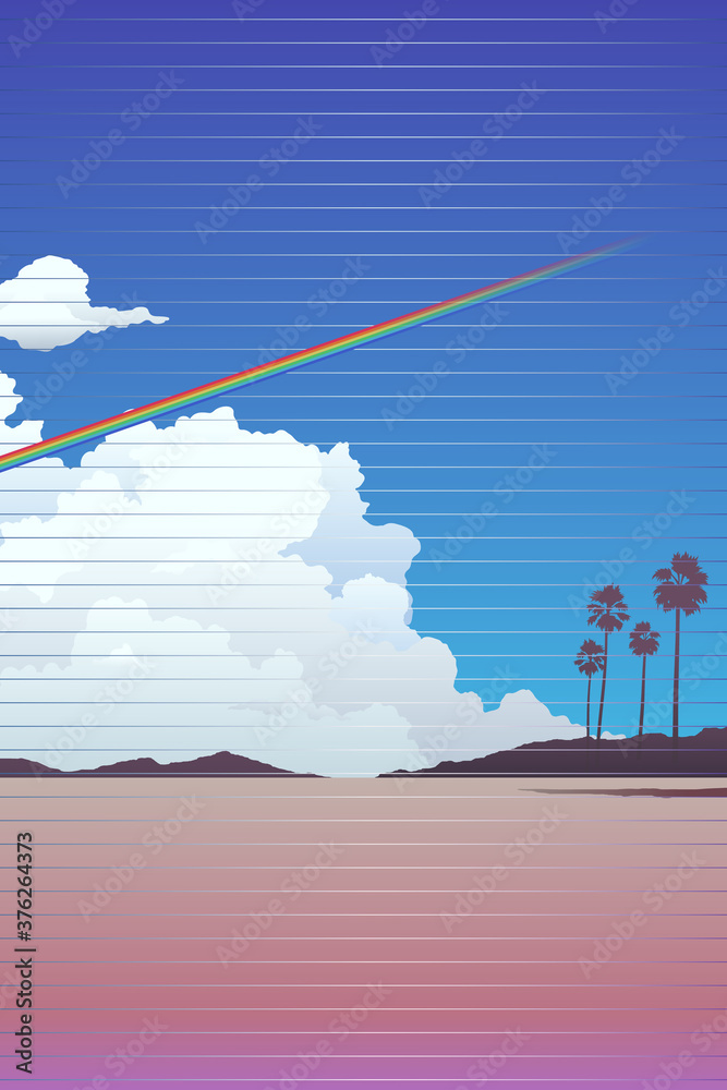 Beach / mountain landscape and rainbow across the sky background template  with light scanline effect, nostalgic 80s -90s style inspiration retro  summer vibe illustration Stock Vector | Adobe Stock