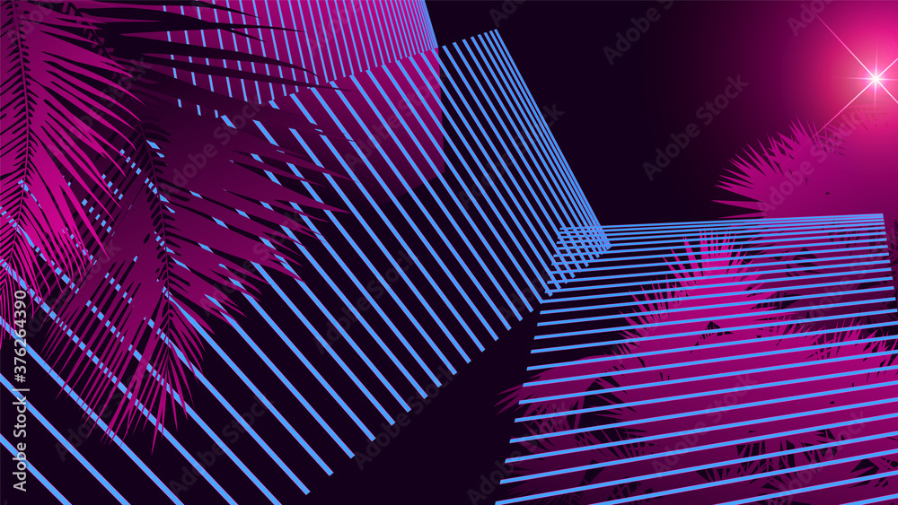 Night neon fluorescent background with palm tree leaves, 80s - 90s  inspiration summer-miami vibe / nostalgic feeling Stock Vector | Adobe Stock