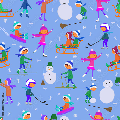 Active recreation for children in winter. Children make a snowman, sledding, skiing, tubing, playing hockey. Seamless vector pattern
