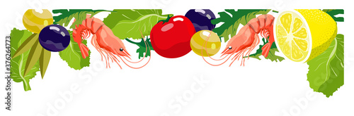 Food composition with shrimp and olives. Vector illustration.