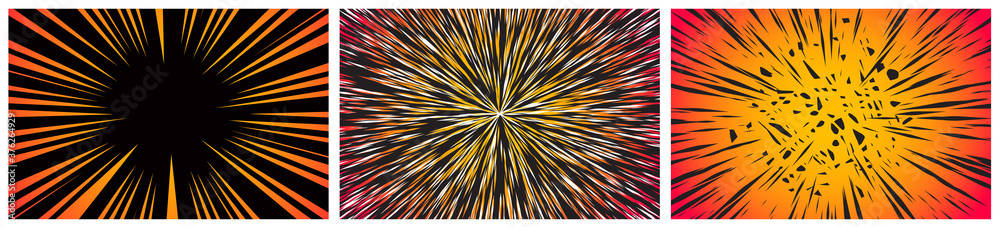Fototapeta premium Set of 3 Hyper Speed Warp Sun Rays or Explosions. Boom for Comic Books. Radial Background. Vector.