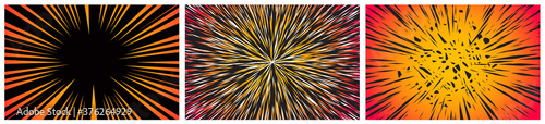 Set of 3 Hyper Speed Warp Sun Rays or Explosions. Boom for Comic Books. Radial Background. Vector.