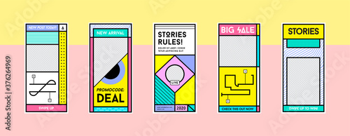 Stories Template Set in Memphis Retro Style. Background Banner Template. Landing Page, Mobile App, Poster, Smartphone Template. Vector.