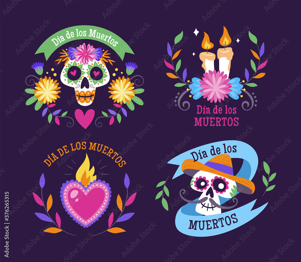 Day of the Dead (Día de Muertos) label collection. Cartoon Mexican labels with text in Spanish. Cute vector Illustration.