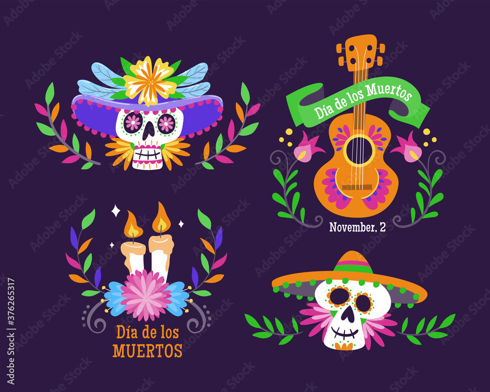 Day of the Dead (Día de los Muertos) Labels. Cartoon Mexican labels with text in Spanish. Cute vector Illustration. Day of the Dead (Día de los Muertos) Labels. Cartoon Mexican labels with text in Spanish. Cute vector Illustration.