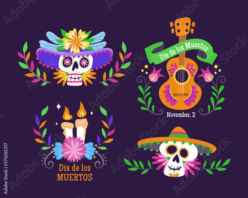 Day of the Dead (Día de los Muertos) Labels. Cartoon Mexican labels with text in Spanish. Cute vector Illustration.