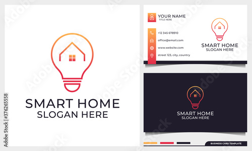 House and light bulb lamp logo design combination with line art style. line logo with home building icons and business card design template
