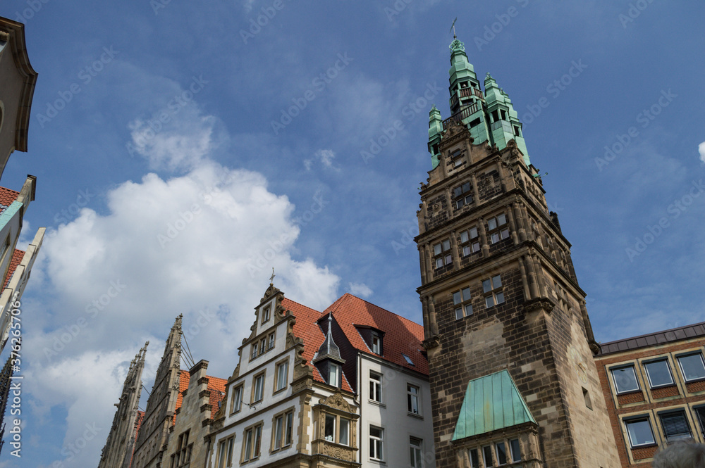 Stadthausturm and Prinzipalmarkt with Typical Gabled Houses and Tip of Lamberti Church in Münster, Germany