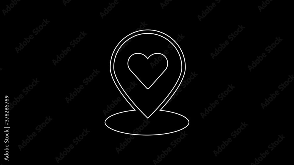 White line Map pointer with heart icon isolated on black background. Valentines day. Love location. Romantic map pin. 4K Video motion graphic animation.