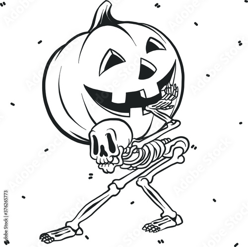 Vector halloween clipart pumpkin and skeleton. Illustration for seasonal design, textile, decoration kids playroom or greeting card. Isolated sketch object. Flat vector illustration