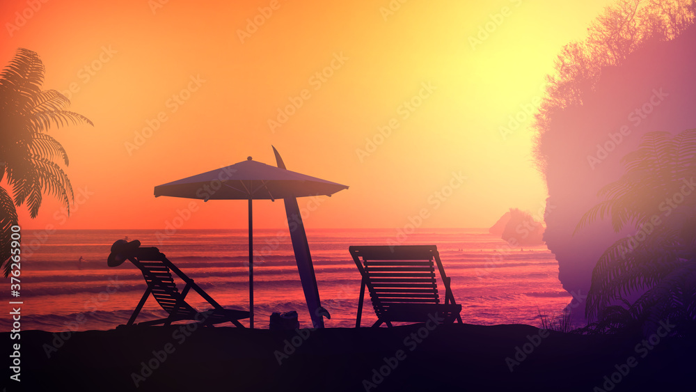 Orange sunset on an empty tropical beach.