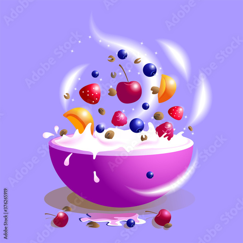 Bright and juicy pieces of fruit, berries and muesli in a bowl with milk. Healthy and delicious food. Vector illustration.