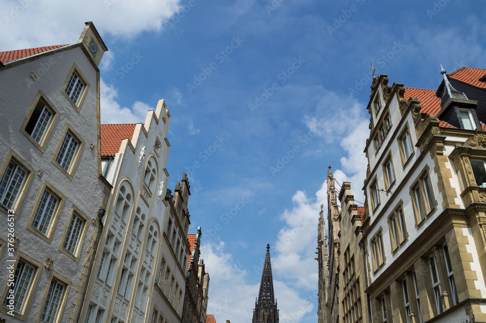 Prinzipalmarkt with Typical Gabled Houses and Tip of Lamberti Church in Münster, Germany