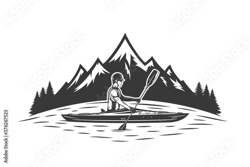 Kayaking on mountain lake vector illustration with kayaker and mountain silhouette. Water sport and kayaking design concept