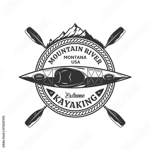 Vector mountain river kayaking logo with boat, paddles and mountain silhouette. Water sport and kayaking badge design concept